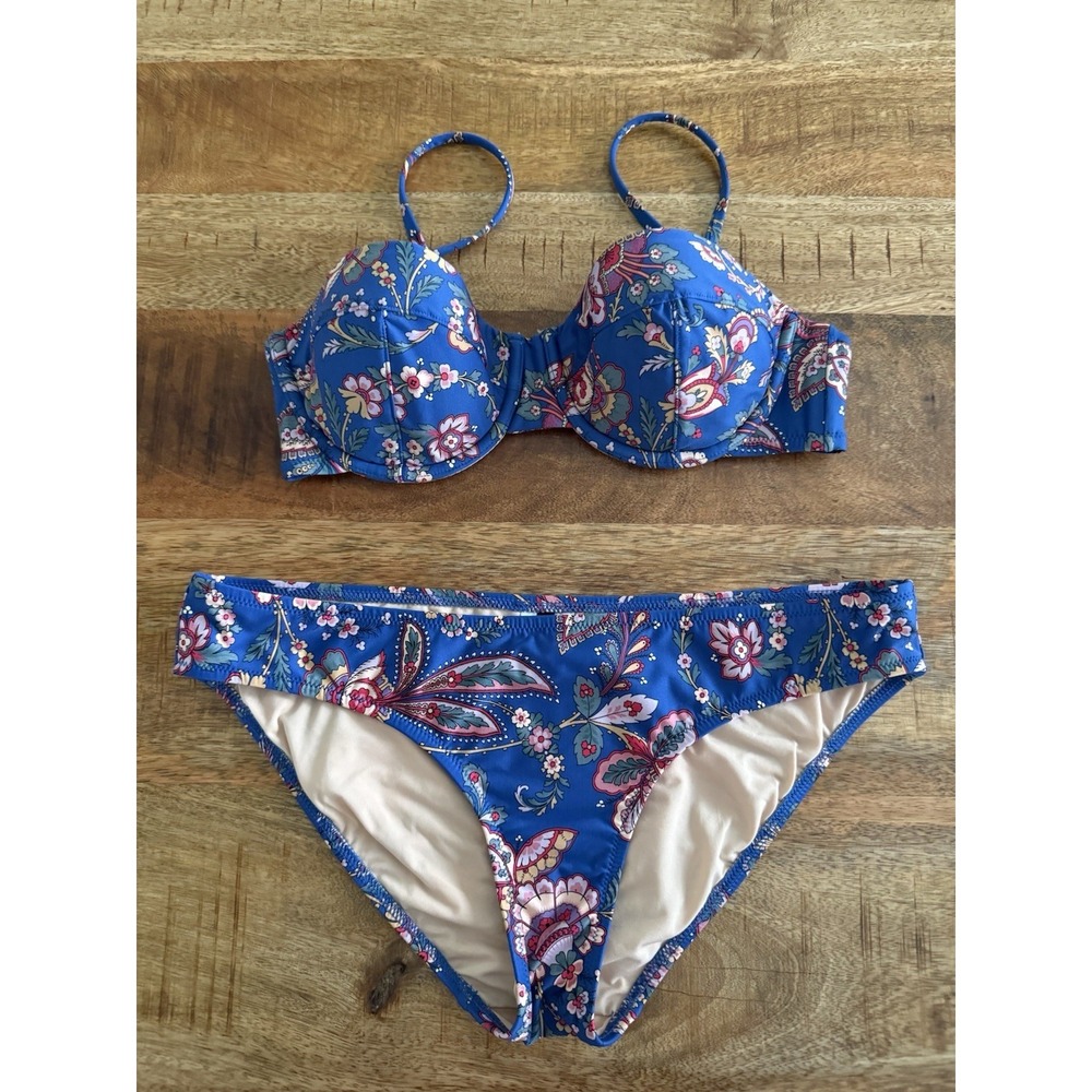 J.Crew Bikini Set 32C Top Small Bottom Blue Floral Paisley Underwire Swim